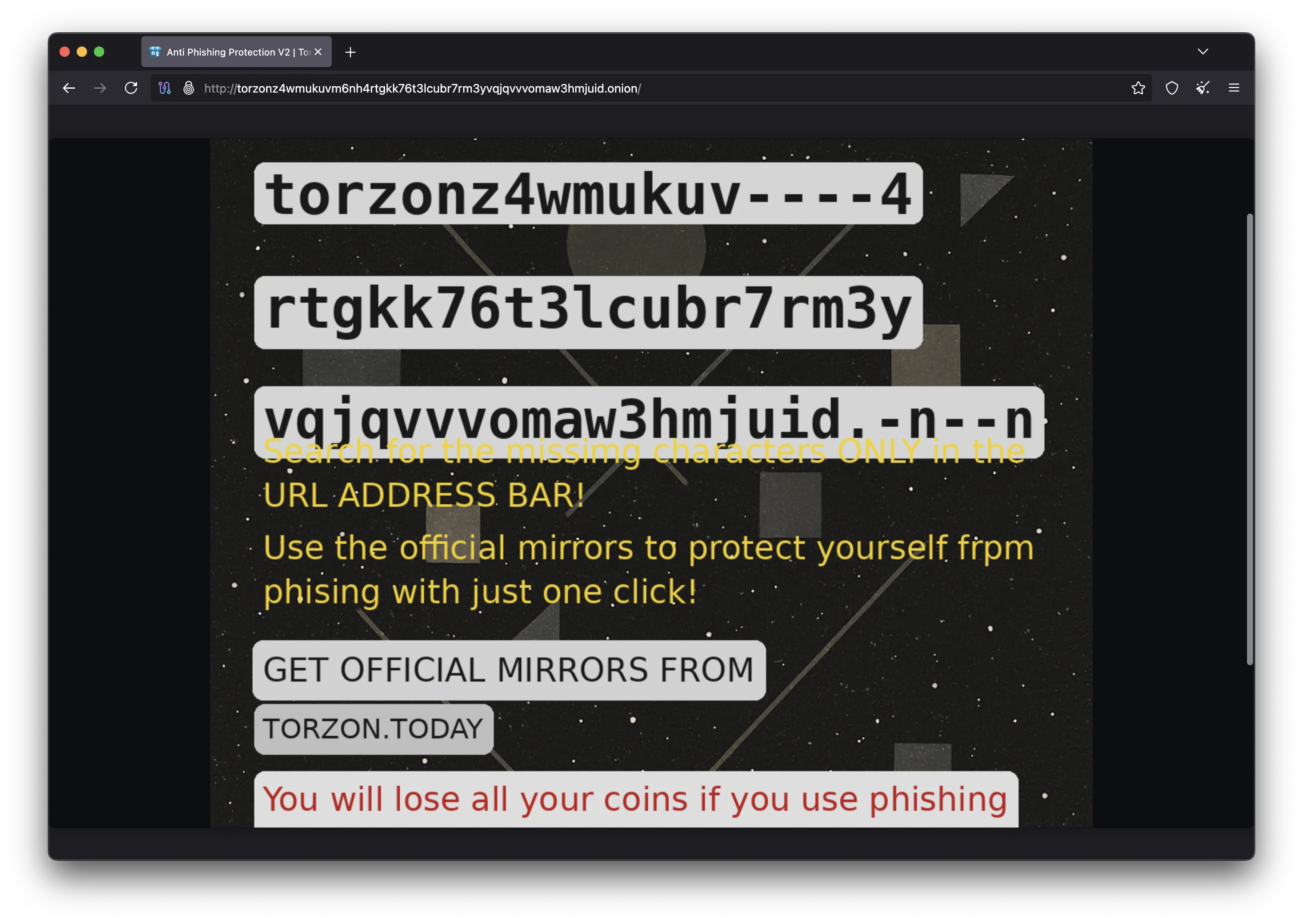 Torzon Market anti-phishing verification system showing personal security phrase, security image, and custom color scheme validation
