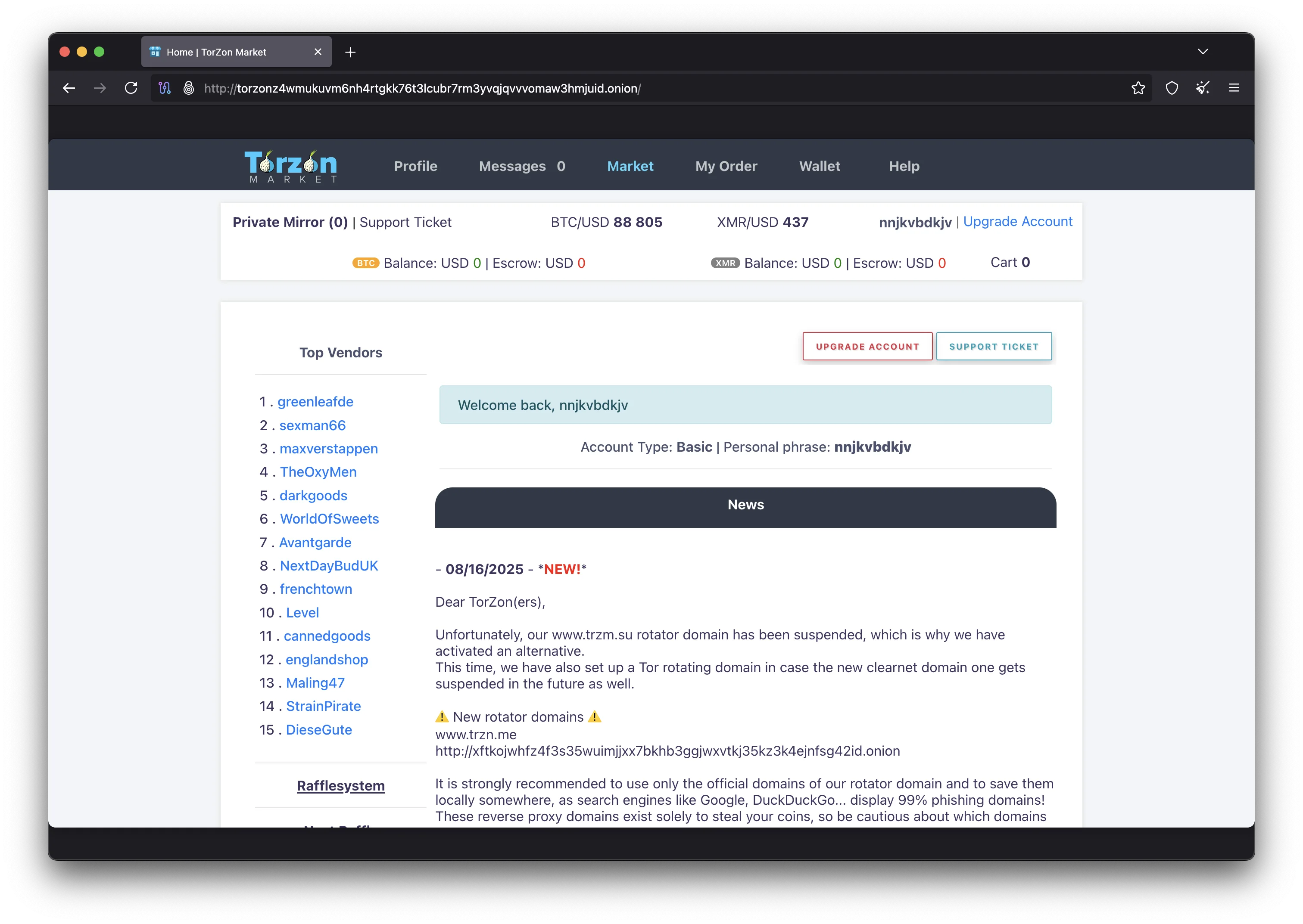 Torzon Market main interface showing the anonymous marketplace homepage with vendor listings and search functionality