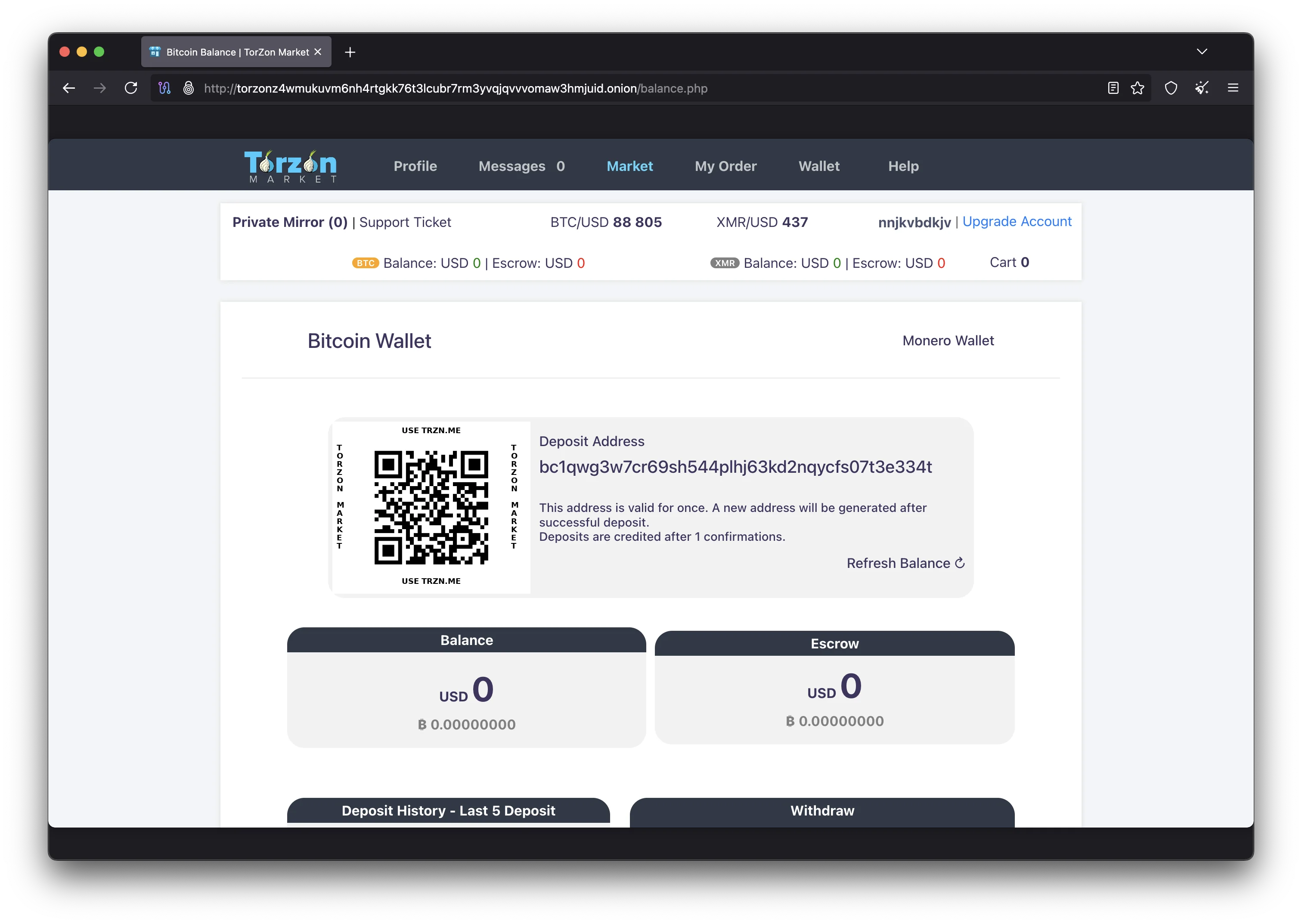 Torzon Market cryptocurrency wallet interface showing Bitcoin and Monero deposit addresses with multisig escrow status indicators
